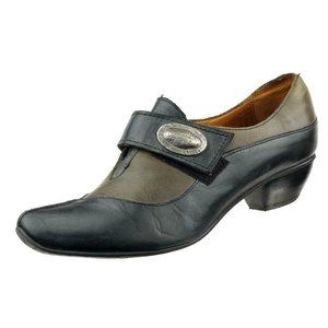 FIDJI Low Heel Loafers Pumps Sz. 37 EU 6.5 US Cuban Heels Olive Green & Gray  Wo